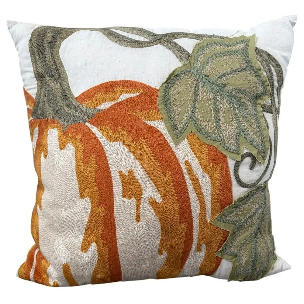 Autumn Fall Harvest Decorative Embroidered Pumpkin Throw Pillow 18x18